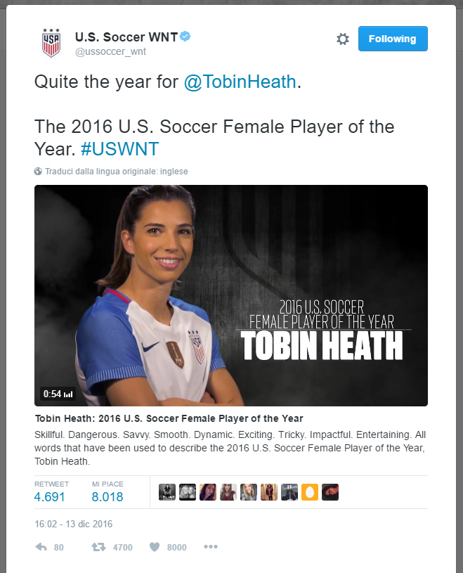 Tobin Heath miglior giocatrice dell'anno in USA